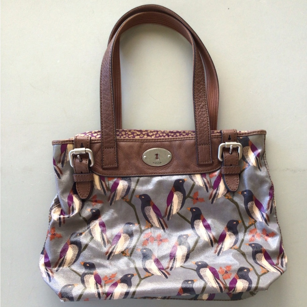 Fossil leather bag, birds, gray